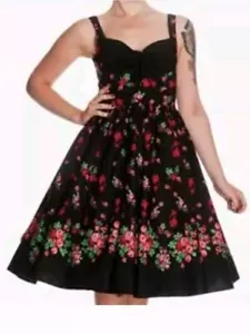 Hell Bunny Vixen Red Roses Black Pin Up Dress M Rockabilly Whimsigoth - Picture 1 of 8