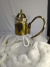Vintage Brass & Glass Water Wine Pitcher Carafe With Ornate Handle Etched Floral