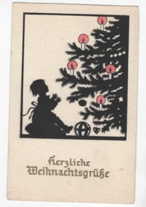 AK Wünsche zu Weihnachten/Scherenschnitt Kind vor Tannenbaum ungel. - Bild 1 von 2