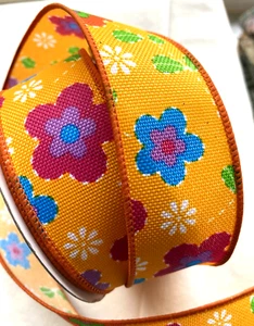 Spring Floral 1.5" by 2 yds Golden Yellow Wired Ribbon Summer Red Blue Purple - Picture 1 of 5