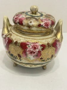 Antiq Nippon Sugar Bowl Hand Painted Pink Roses Richly Gilded Moriage Dots 1891 - Picture 1 of 12