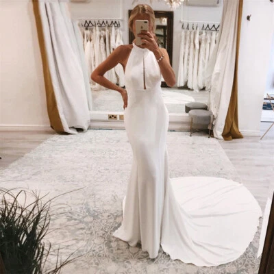 White Satin Wedding Dresses Halter Neck Mermaid With Train Ivory Bridal Gowns - Image 1 of 4