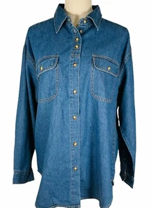 American Rave Jeanshemd Damen Gr. Large Langarm Blau Oberteil Bluse Taschen - Bild 1 von 5
