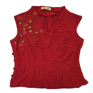 Vintage T&M Linen Sleeveless Top Vietnamese Blouse Embroidered Red Buttons Small - Picture 1 of 11