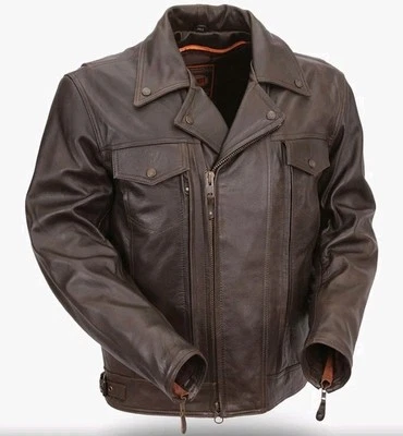 Chaqueta cruiser utilitaria First Manufacturing para hombre, cuero marrón, talla M, ventilada Foto 1 de 4