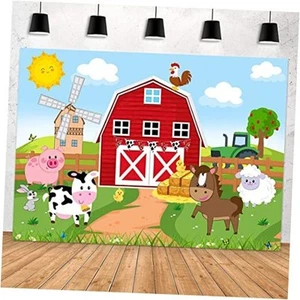 Farm Animals Backdrop Barn Farmhouse Birthday Party Banner 7x5ft Red - Picture 1 of 7