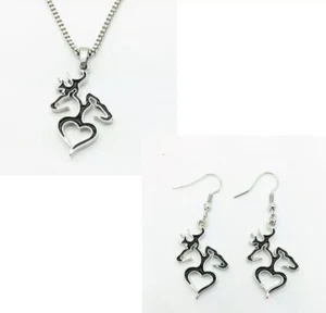 Black Buck Doe Heart Deer Necklace Fish Hook Earrings Set - Picture 1 of 3