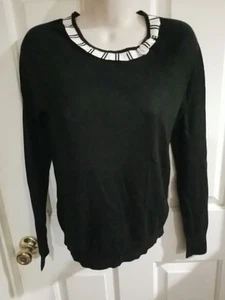 Ann Taylor Black Long Sleeve Sweater Small W/White Striped Neckline Trim Button - Picture 1 of 8
