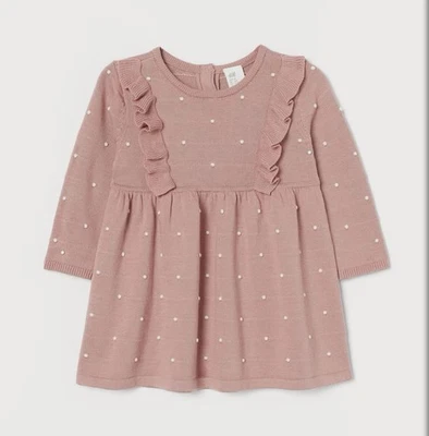 H&M 女宝宝 9 个月美丽粉红色纹理针织连衣裙白色圆点褶皱二手状况完好 — 第 1/4 张图片