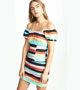 Caroline Constas Calla Off The Shoulder Fitted Mini Dress Black Multi Stripe L - Picture 1 of 15