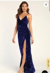 NWOT Lulus velvet maxi womens small royal blue sequins gown dress strapless - Picture 1 of 12