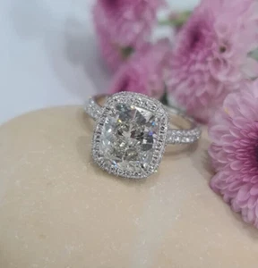 4.30 Ct Cushion-Cut VS2/H Lab Grown Diamond Halo Engagement Ring 14k White Gold - Picture 1 of 10
