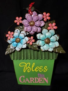 Colorful "Bless This Garden"  Metal Wall Plaque 15.5"  x 11" - Picture 1 of 9