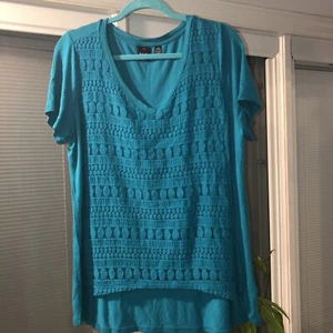 Rafael Teal XL knit And Lace short sleeve High Low Top - Picture 1 of 3