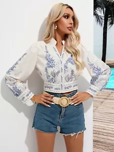 Boho Chic Long-Sleeve Embroidered Crop Blouse - Picture 1 of 7