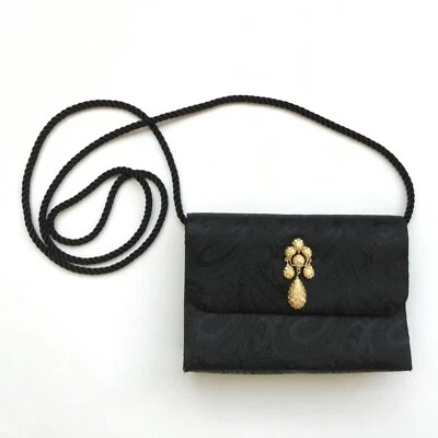 Mini Bolso Cartera de Noche Vintage Monet Negro Satinado Paisley Tono Dorado Cuelga Foto 1 de 4