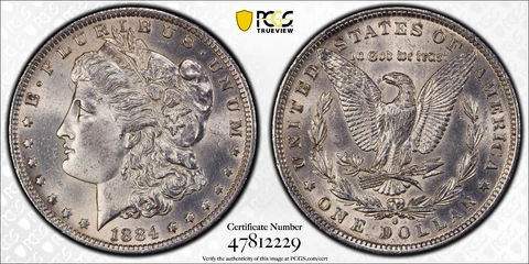 1884 O MORGAN SILVER DOLLAR PCGS UNC Detail Proteced by Gold Shield & TrueView Cover