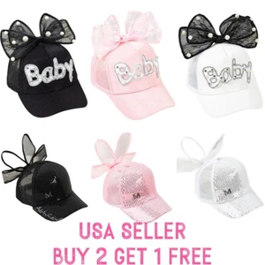 Kids Girls Toddler Cotton Baseball Trucker Cap Hat Bow Knot Pearl Adjustable - Picture 1 of 11