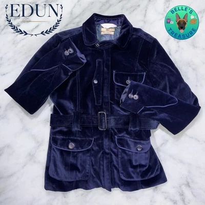 Edun Griffin Mujer Pequeño Azul Alquimia Terciopelo Cremallera Completa Abrigo con Cinturón Lujo Foto 1 de 4
