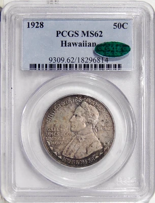 1928 50c HAWAIIAN PCGS MS 62 CAC ~ SILVER COMMEMORATIVE HALF DOLLAR KEY - Image 1 of 4