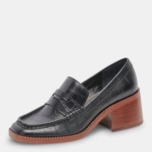 Dolce Vita Talie Noir Embossed Leather Squared Toe Slip On Block Heeled Loafers - Picture 1 of 3