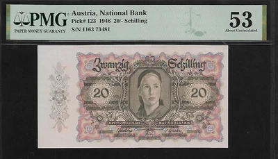 Austria 20/-Schilling 1946 PMG 53 P# 123 PMG Population 1/6 National Bank - Image 1 of 4