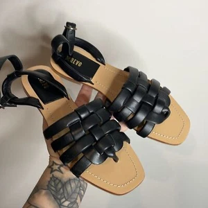 Maeve Anthropologie schwarze gewebte Puffsandalen Knöchelriemen Größe 9 neu ohne Karton - Bild 1 von 5