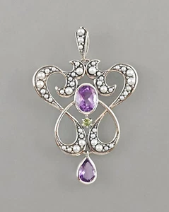9923661-d 925er Silber Anhänger Amethyst-Peridot Perlen 3,2x4,5cm vintage - Picture 1 of 2