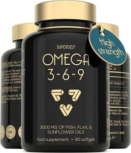 Omega 3 6 9 Kapseln - 3000mg Triple Potency - Fisch Leinsamen Sonnenblumenöl - 90c - Bild 1 von 6