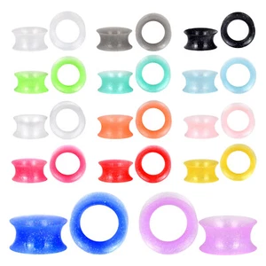 2PC Thin Silicone Double Flared Ear Flesh Tunnels Gauges Plugs with Gold Glitter - Picture 1 of 25