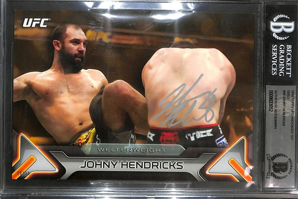 Tarjeta dorada firmada por Johny Hendricks UFC 2016 Topps Knockout 5x7 BAS Beckett certificado de autenticidad/10 Foto 1 de 4