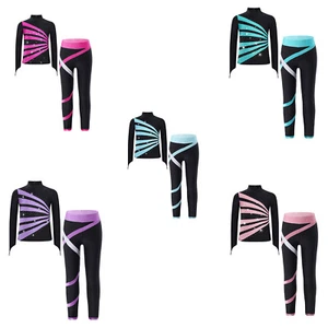 Kids Girls Tracksuit Dance Set Tops Outfit Patchwork Sweatshirt Shiny Leggings - Picture 1 of 63