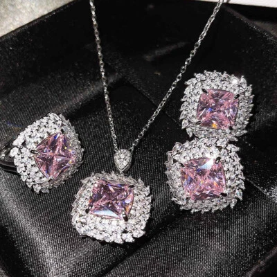 Wedinng Square Cut 3pcs Natural Pink Kunzite Gems Silver Pendants Earring Rings - Image 1 of 4