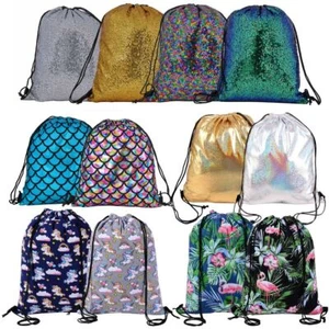 DRAWSTRING BAGS Mermaid Unicorn Flamingo UK Shiny Holo Sequin School Books PE - Picture 1 of 13