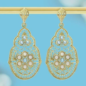 9K Gold Natural Blue Topaz and Pearl Vintage Style Filigree Dangle Earring - Picture 1 of 8