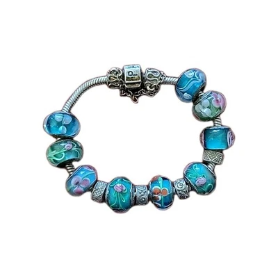 Authentic Pandora Bracelet With 9 Pandora Flower Charms Christmas Gift Birthday  - Image 1 of 4