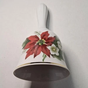 Vintage Porzellan Weihnachtsglocke mit Weihnachtsstern und Stechpalmen Design - Goldrand - Bild 1 von 8
