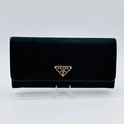 Prada Black Tessuto Nylon Saffiano Leather Wallet Gold Triangle Logo Chain ID - Image 1 of 4