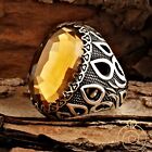 Men Citrine Big Ring Huge Lily Carved Tulip Silver Faceted Ancient Cool Jewelry