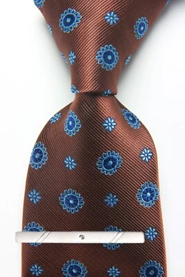 New Classic Polka Dot Brown Blue JACQUARD WOVEN 100% Silk Men's Necktie Tie - Image 1 of 4