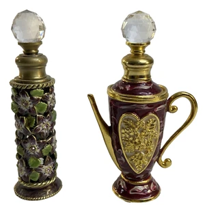 Juego de 2 botellas de perfume tetera cobre cristales esmalte tapa cristal Twos Company - Imagen 1 de 18