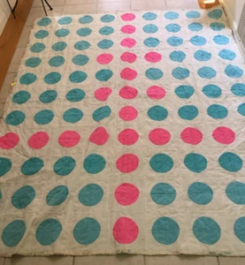 handmade vintage poly hot pink blue white Coverlet Quilt blanket 60's 72x90 - Picture 1 of 9