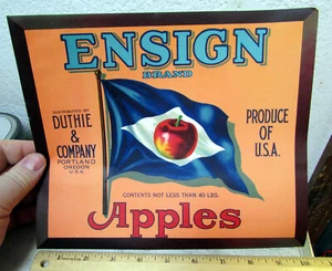Etichetta cassa frutta originale vintage, Ensign Brand Apples, Portland Oregon, NUOVO - Foto 1 di 2