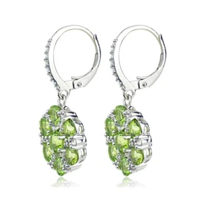 Sterling Silver Peridot and White Topaz Flower Dangle Leverback Earrings - Picture 1 of 3