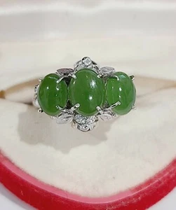 Vintage Antique Style Solid 10K White Gold THREE STONE JADE Ring Size 6.5 - Picture 1 of 12
