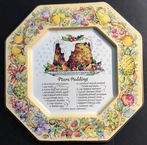 Receta de pudín de ciruela Avon 1982 estaño metal 7" plato coleccionable vintage - Imagen 1 de 2