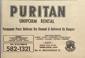 Alquiler de uniformes puritanos Louisville KY Executive Svc Shop anuncio impreso vintage 1976 - Imagen 1 de 4