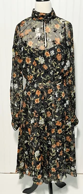 Vestido Mikael Aghal Floral Cuello Simulado Manga Larga Hasta la Rodilla Negro Multi Talla 12 Foto 1 de 4