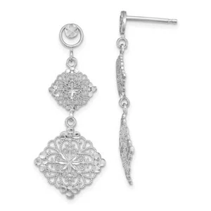 14K White Gold D/C Filigree Medallion Drop Earrings 1.5" - Picture 1 of 2