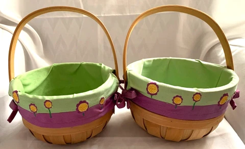 Set of 2 Wooden Spring Baskets w/ Green & Purple Liner Embroider Flowers Easter Cover
